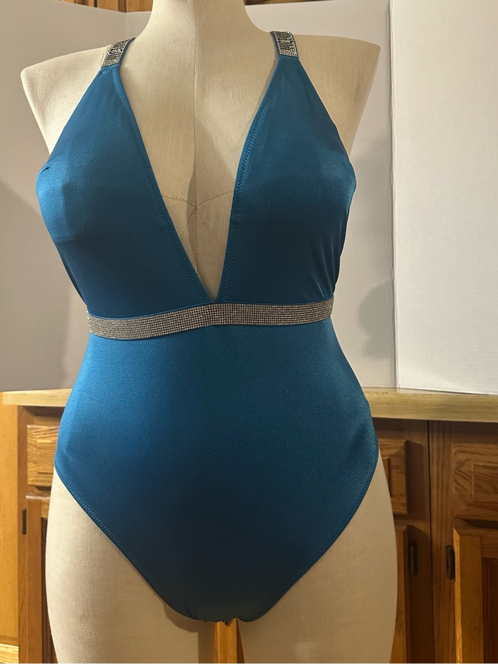 Victoria's Secret Teal Plunge One-Piece with Rhinestone Trim